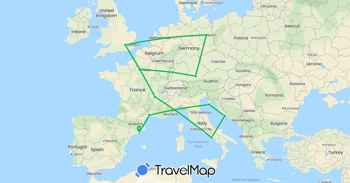 TravelMap itinerary: driving, bus in Germany, Spain, France, United Kingdom, Croatia, Italy (Europe)